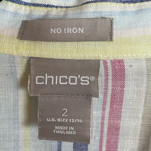 Chico's Size 2 US 12/14 Button Up Linen Colorful Striped Top 3/4 Sleeve - Picture 5 of 6